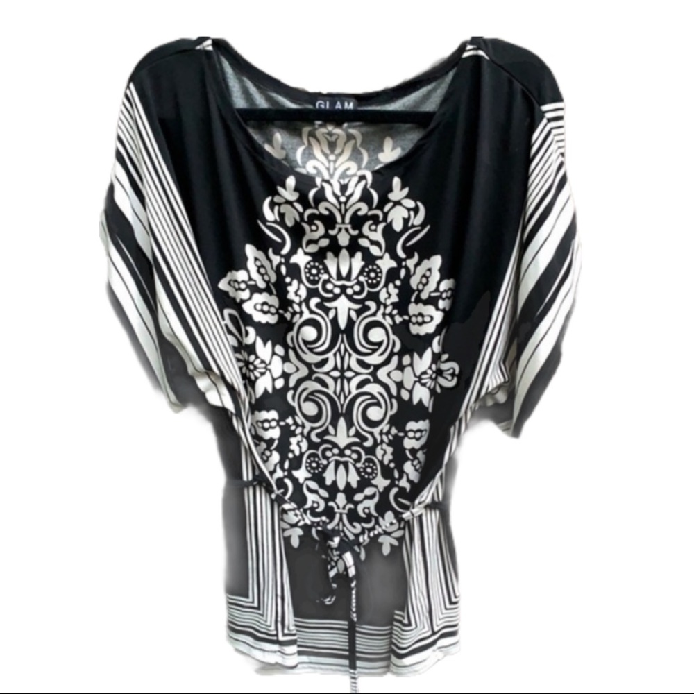ModCloth black & white gothic print top with belt.
